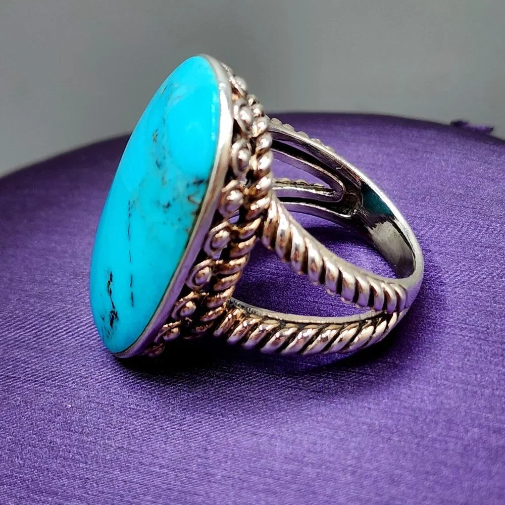 Oval Natural Blue Stone Sterling Silver Quality Statement Ring